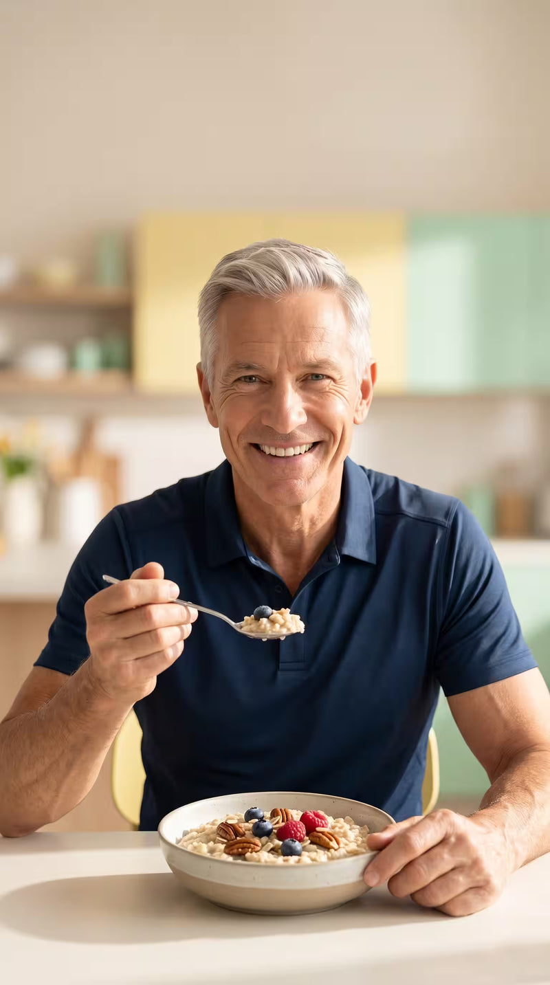 älterer Mann isst ein Porridge mit Beeren, er lächelt in die Kamera und hält den Löffel in der Hand